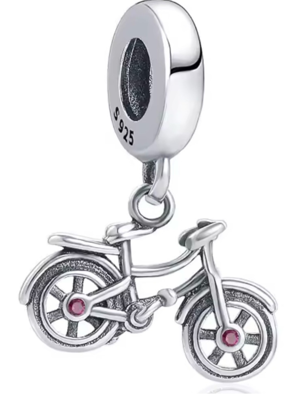 Sterling Silver Bicycle Charm Pendant with Pink Accents